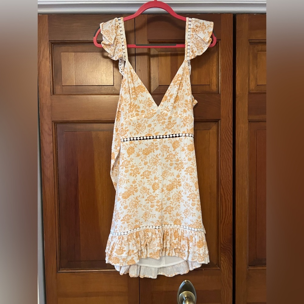 MinkPink Orange and White Floral Mini Sundress with Tie Back, Size Sm